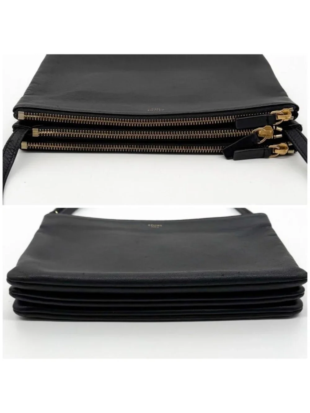 Celine Trio Large Shoulder Bag Black Leather Clutch